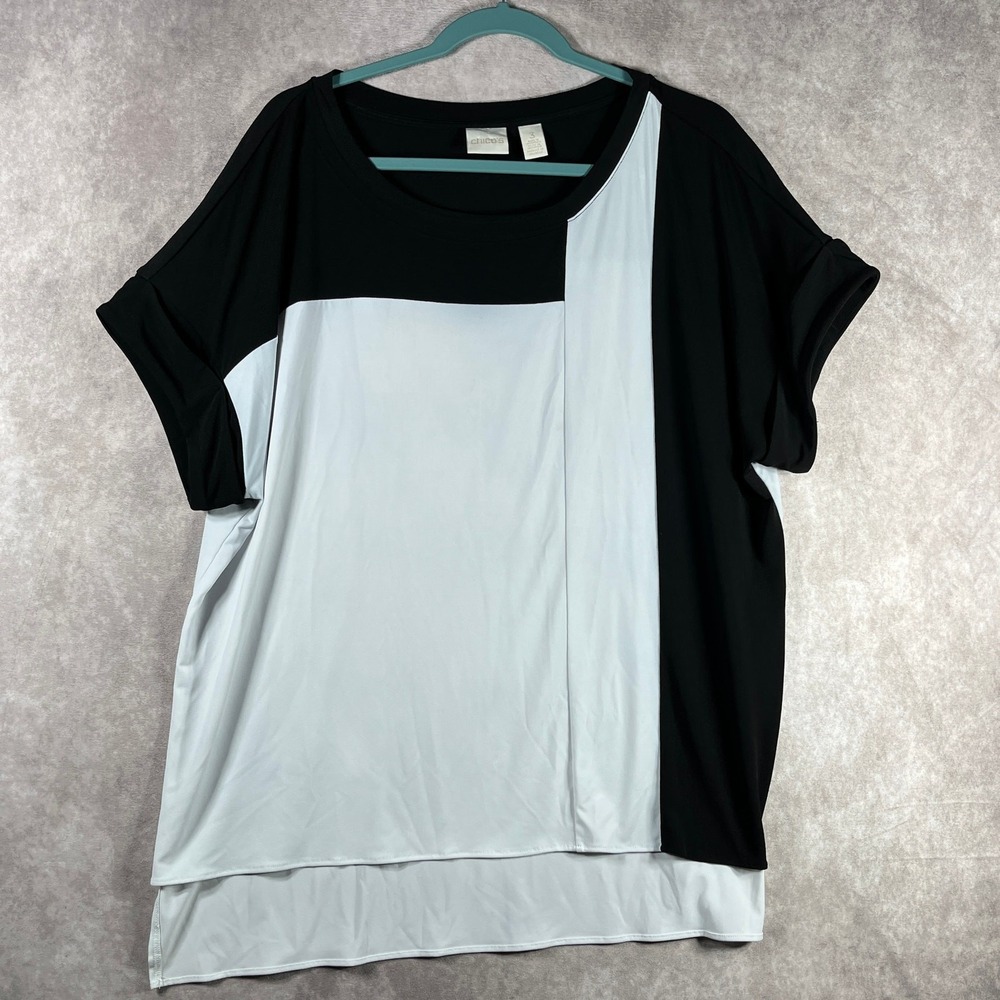 Chico's Top Womens Size 3 US XL White Black Colorblock Tunic Stretch Office Work